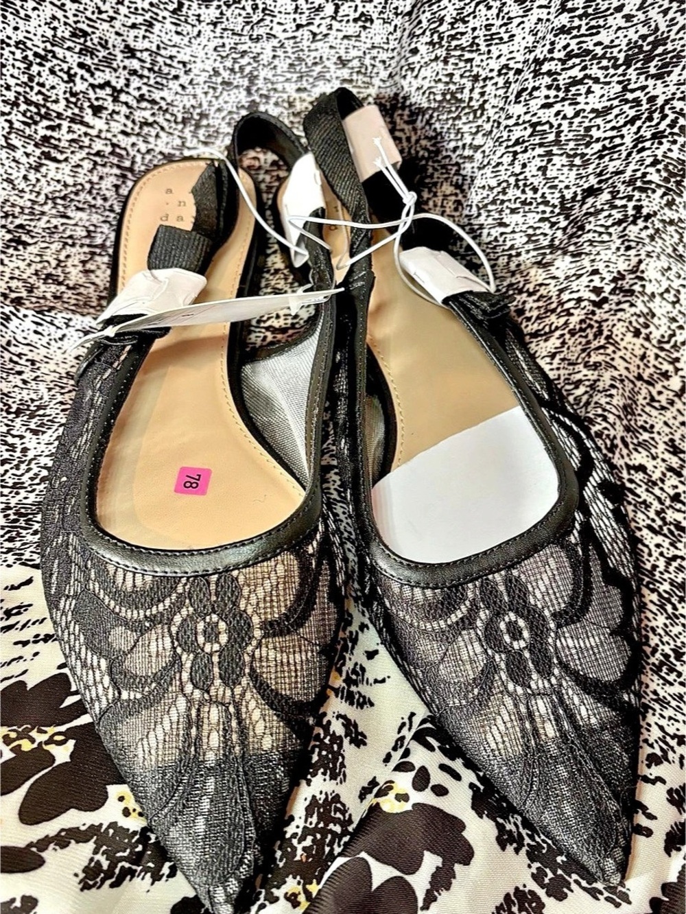 A New Day London Lace Sling Back Bow Flats Black & Beige US 8